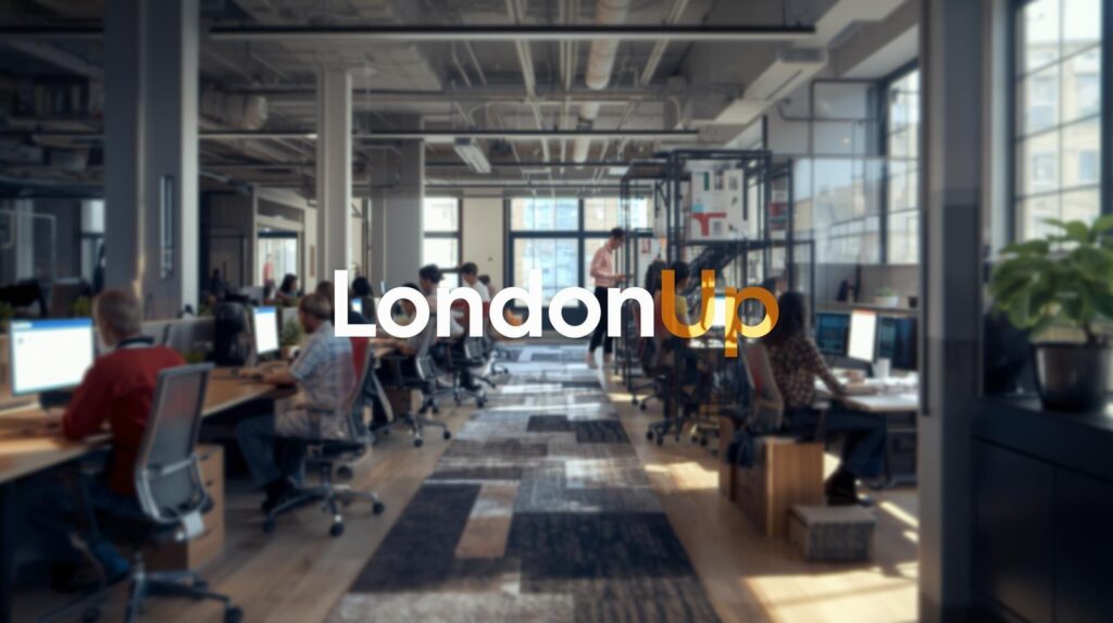 About Us 3 slow pan of a modern london office with designers and developers working together on digital projects — logo animation of londonup fades in. (1)