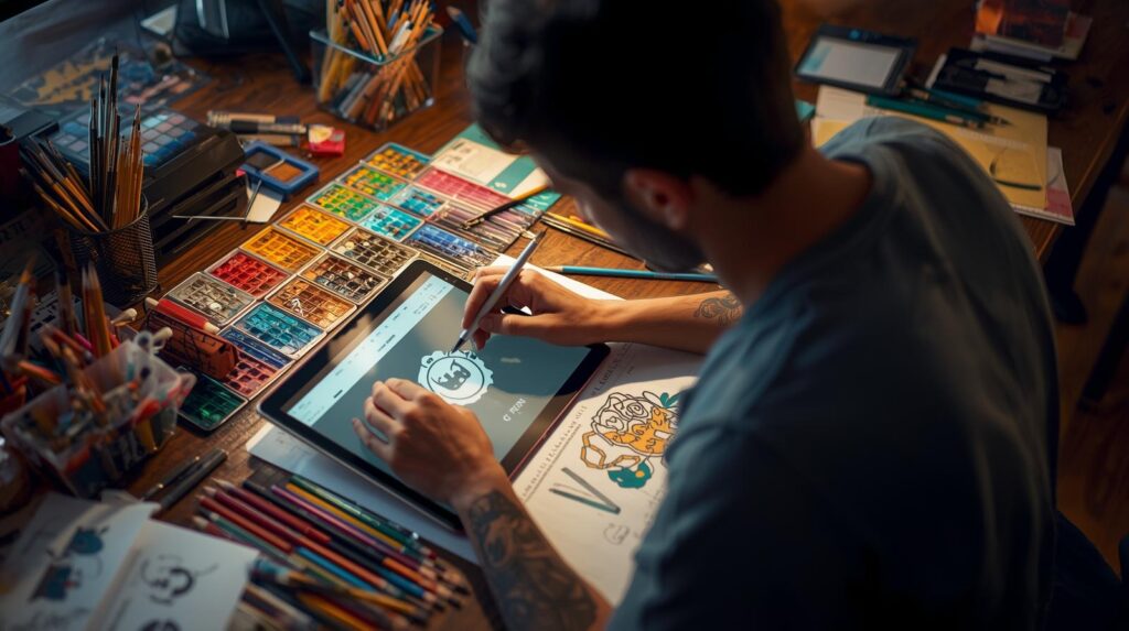 About Us 6 “creative designer working on logo design tablet, colorful workspace with art tools”